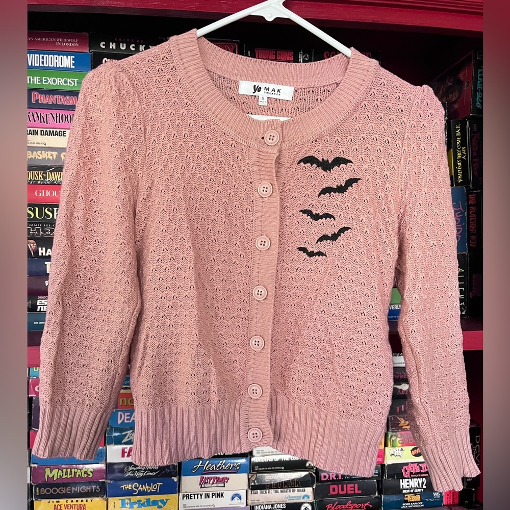Spooky Cute Pink cropped-ish Cardigan with BATS small